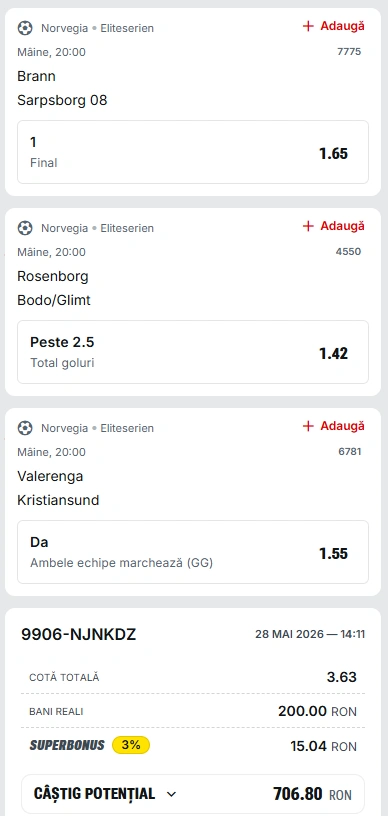 Biletul Zilei din campionatul Norvegiei 29.05.2026