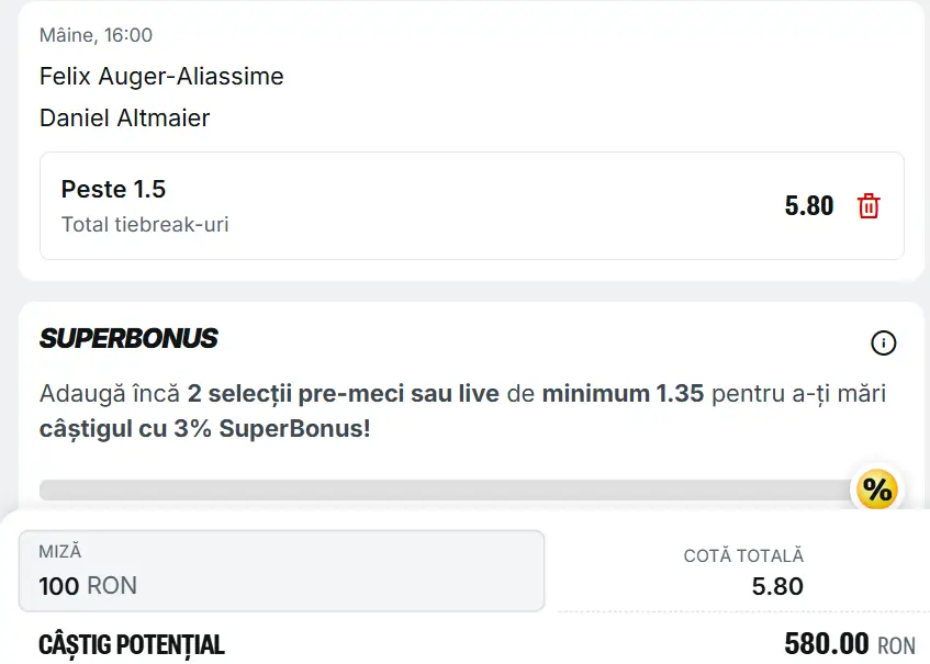 Biletul zilei ATP Roland Garros la Superbet  mizăm pe seturi echilibrate în Auger-Aliassime vs Daniel Altmaier