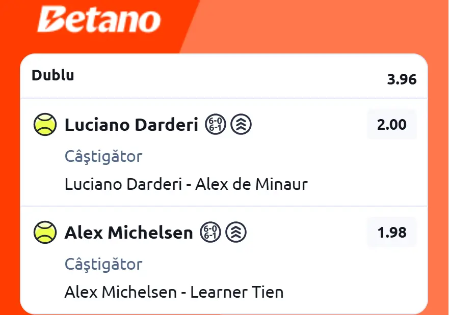 Biletul zilei ATP la Betano mizăm pe Michelsen și Darderi în drumul lor spre trofeele de la Geneva și Hamburg