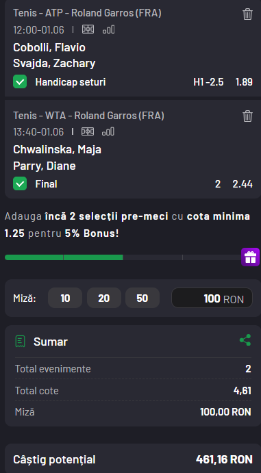 Biletul zilei tenis 1 iunie 2026