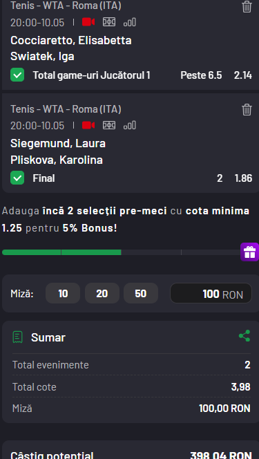 Biletul zilei tenis 10 mai 2026