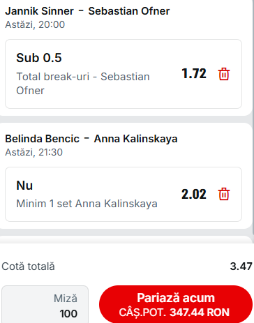 Biletul zilei tenis 9 mai 2026