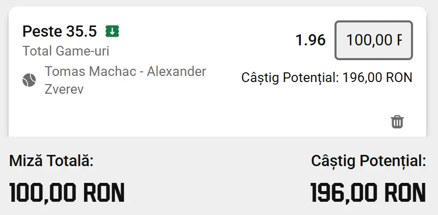 Cota 2 ATP Roland Garros la Unibet  mizăm pe un ”over” la game-uri în Tomas Machac vs Alexander Zverev