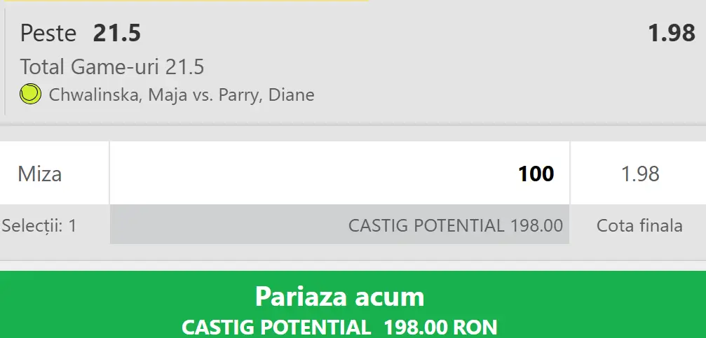 Cota 2 WTA Roland Garros la WinBet avem parte de un meci deschis oricărui rezultat între Chwalinska și Parry