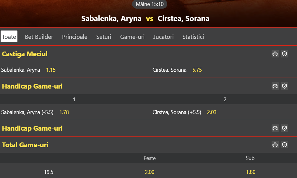 Cote Pariuri Aryna Sabalenka vs Sorana Cîrstea