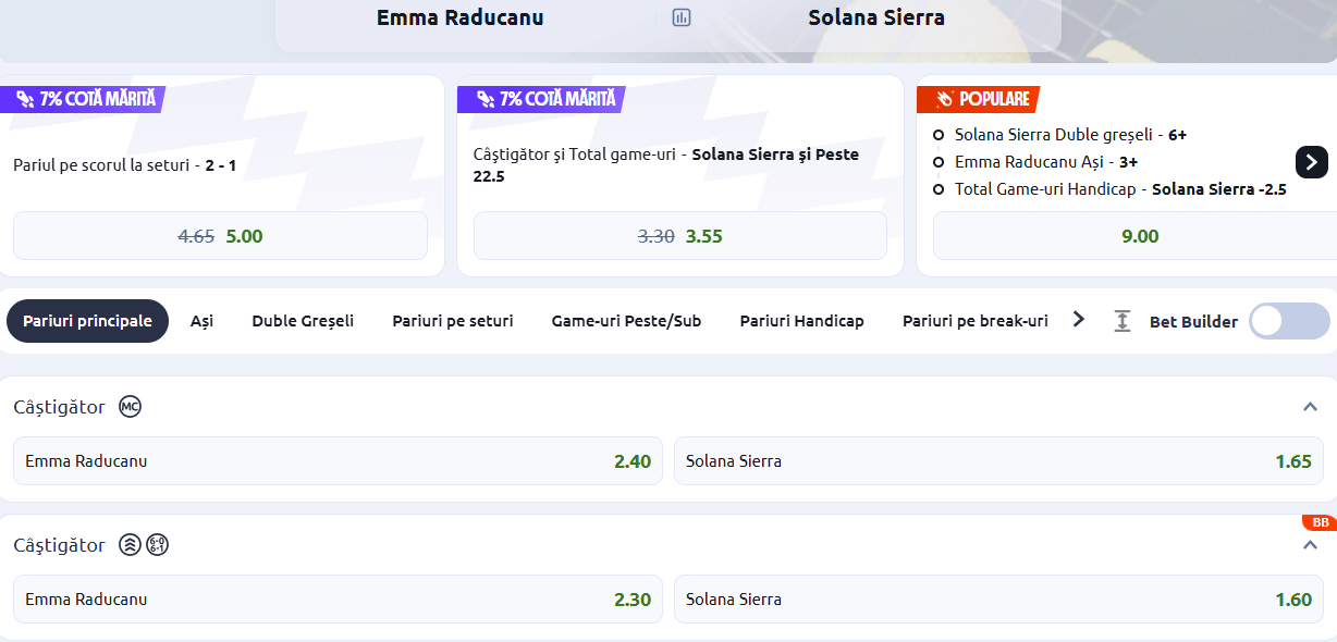 Cote Pariuri Emma Raducanu vs Solana Sierra
