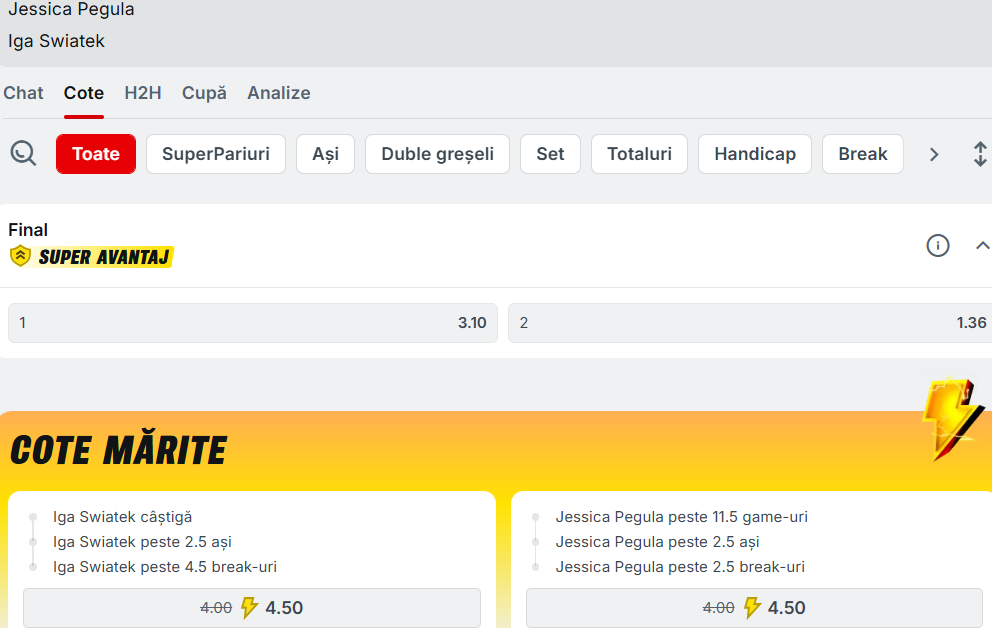 Cote Pariuri Jessica Pegula vs Iga Swiatek