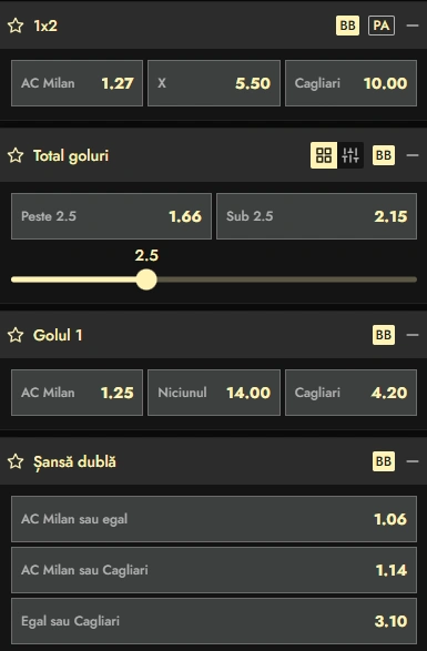 Cote pariuri AC Milan vs Cagliari la Don
