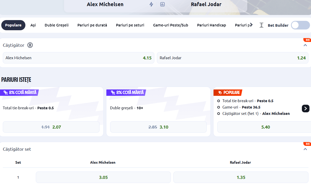 Cote pariuri Alex Michelsen vs Rafael Jodar