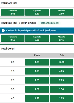 Cote pariuri Fiorentina vs Atalanta la Unibet