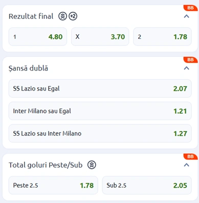 Cote pariuri Lazio vs Inter Milan la Betano