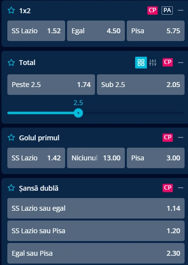 Cote pariuri Lazio vs Pisa la Mr Bit