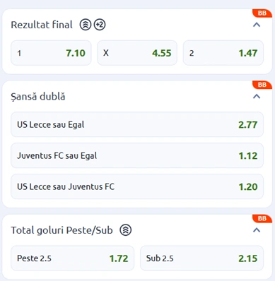 Cote pariuri Lecce vs Juventus la Betano