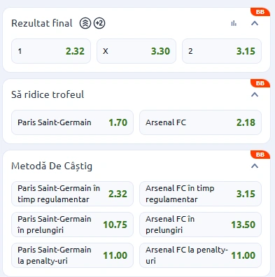 Cote pariuri PSG vs Arsenal la Betano