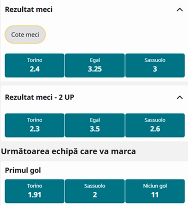 Cote pariuri Torino vs Sassuolo la Betfair