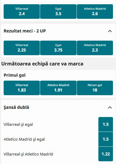 Cote pariuri Villarreal vs Atletico Madrid la Betfair