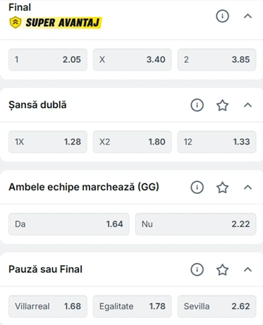 Cote pariuri Villarreal vs Sevilla la Superbet
