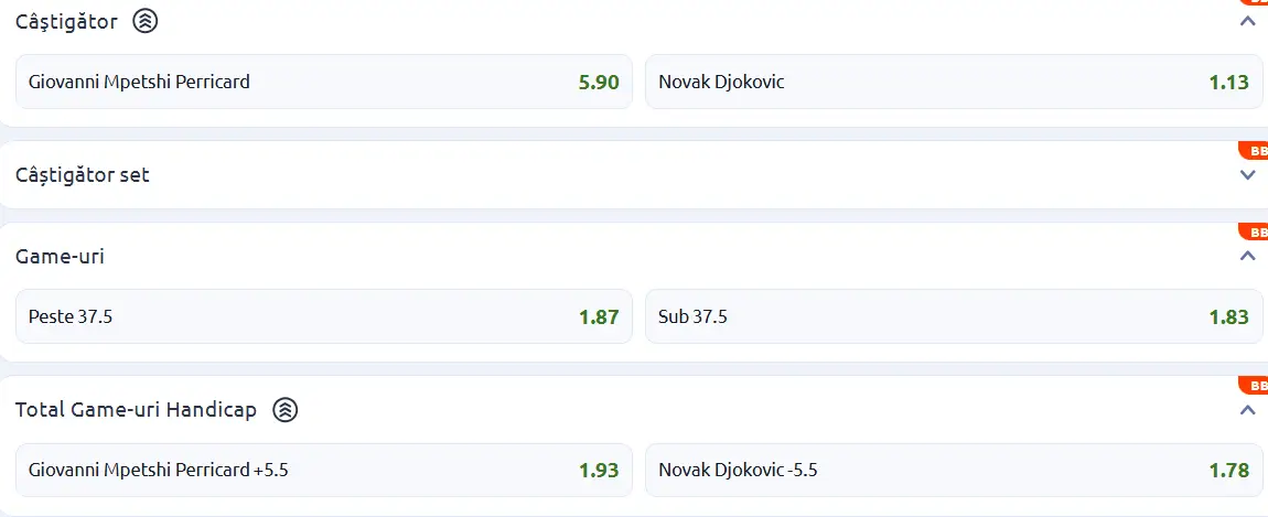 Cote pariuri la Betano  Giovanni Mpetshi Perricard vs Novak Djokovic, sârbul e mare favorit la Roland Garros
