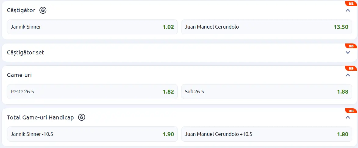 Cote pariuri la Betano  o formalitate pentru italian în Jannik Sinner vs Juan Manuel Cerundolo la Roland Garros