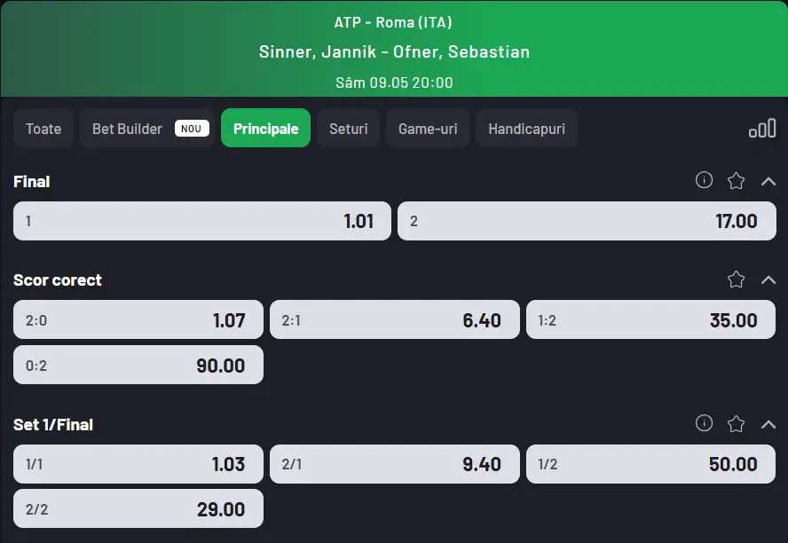 Cote pariuri la Maxbet  Jannik Sinner vs Sebastian Ofner, doar o formalitate pentru favoritul local de la Foro Italico 2026