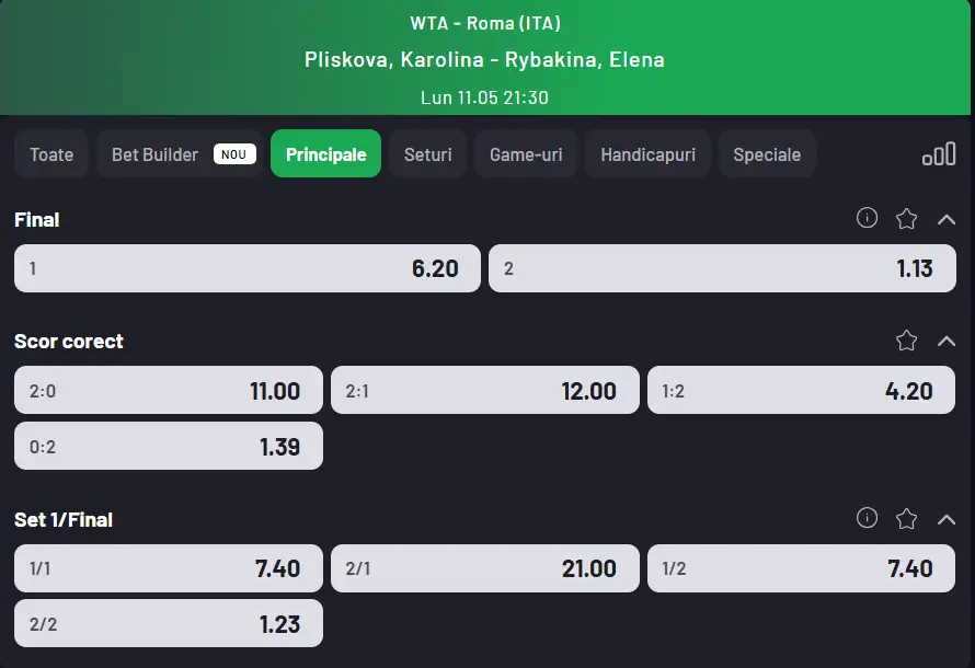 Cote pariuri la Maxbet  Karolina Pliskova vs Elena Rybakina, kazaha pornește ca mare favorită la Foro Italico 2026