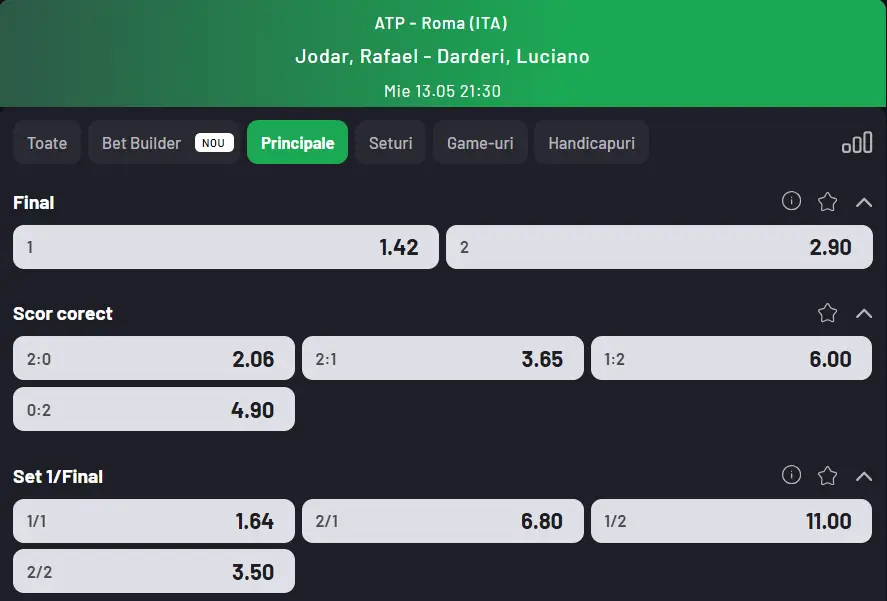Cote pariuri la Maxbet ibericul e revelația de la Foro Italico și favorit în duelul Rafael Jodar vs Luciano Darderi