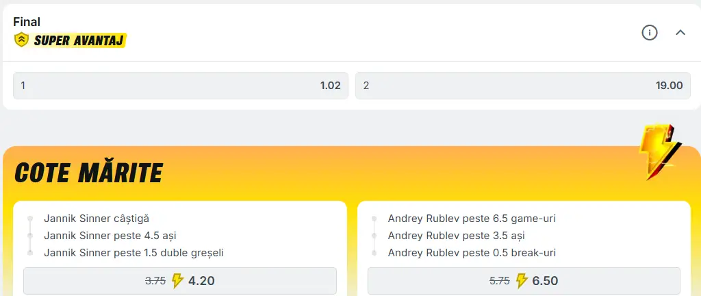 Cote pariuri la Superbet  Jannik Sinner vs Andrey Rublev, cotă infimă la victorie a italianului pe zgura de la Foro Italico