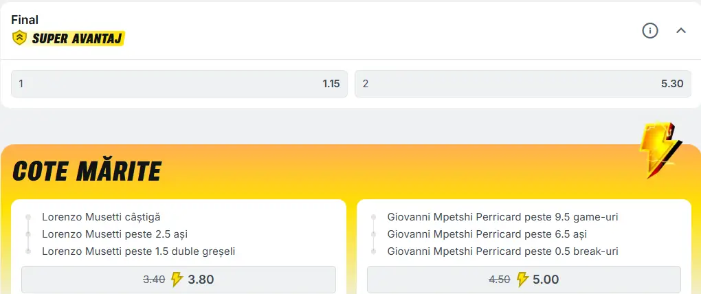 Cote pariuri la Superbet  duel cu un favorit cert la Roma Open între Lorenzo Musetti vs Giovanni Mpetshi Perricard