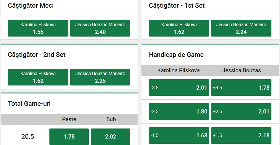 Cote pariuri la Unibet  Karolina Pliskova vs Jessica Bouzas Maneiro, cehoaica are prima șansă la Masters-ul Romei