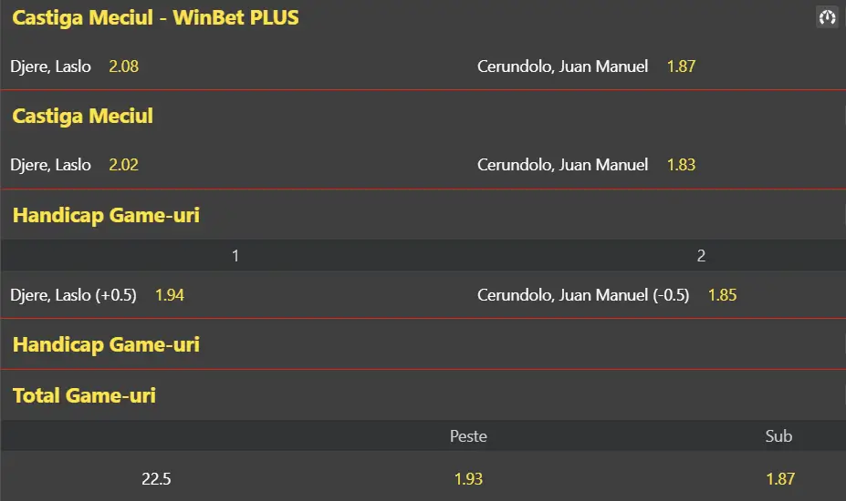 Cote pariuri la WinBet  echilibru total pe zgura de la Geneva Open în duelul Laslo Djere vs Juan Manuel Cerundolo