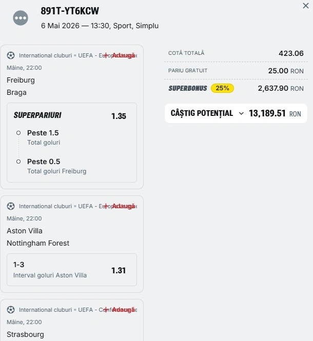 Bilet pariu șansă Superbet 7 mai 2026