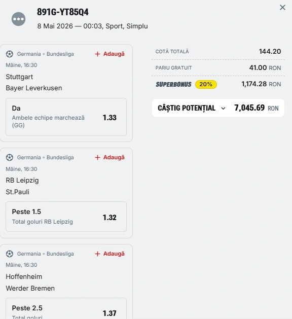 Bilet pariu șansă Superbet 9 mai 2026
