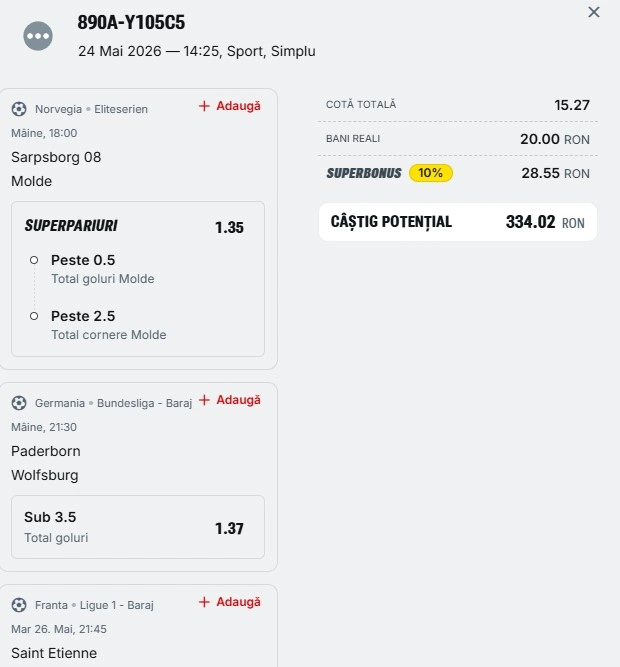 Bilet săptămânal din fotbal 25.05.2026