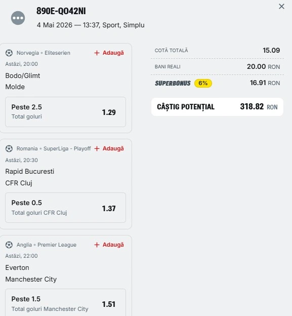 Bilet săptămânal din fotbal 4 mai 2026