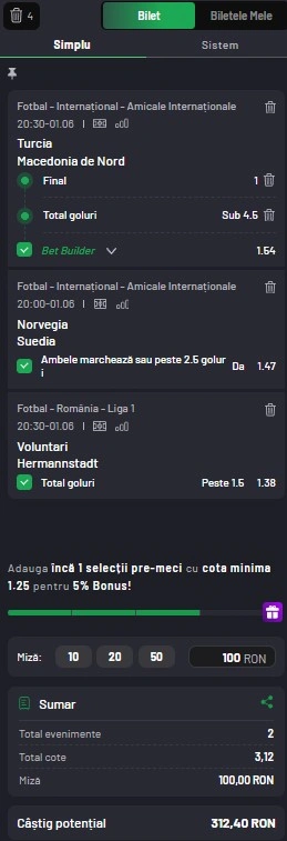 Biletul zilei azi din fotbal 1 iunie 2026