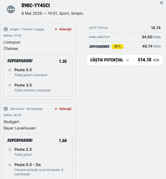 Biletul zilei azi din fotbal 09.05.2026