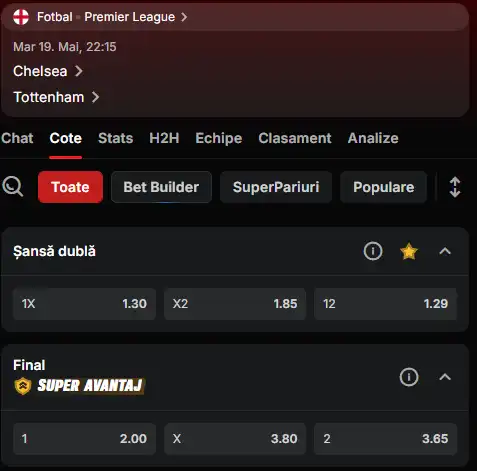 Cote la pariuri Chelsea - Tottenham la Superbet