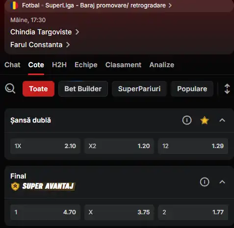 Cote la poariuri Chindia Târgoviște - Farul Constanța la Superbet