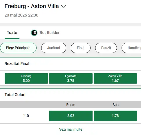 Cote la pariuri Freiburg vs Aston Villa, la Unibet