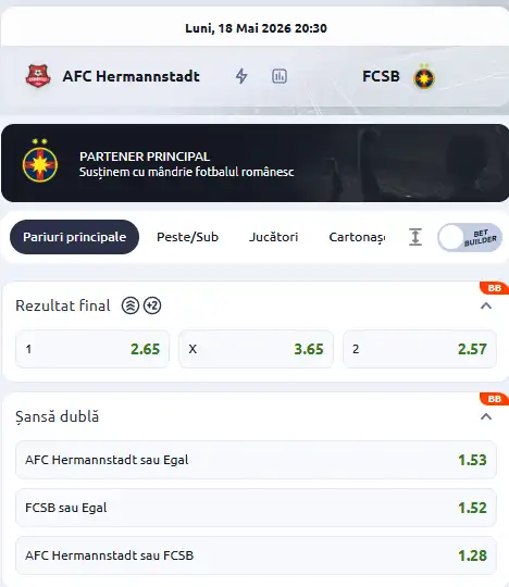 Cote la pariuri Hermannstadt - FCSB la Betano