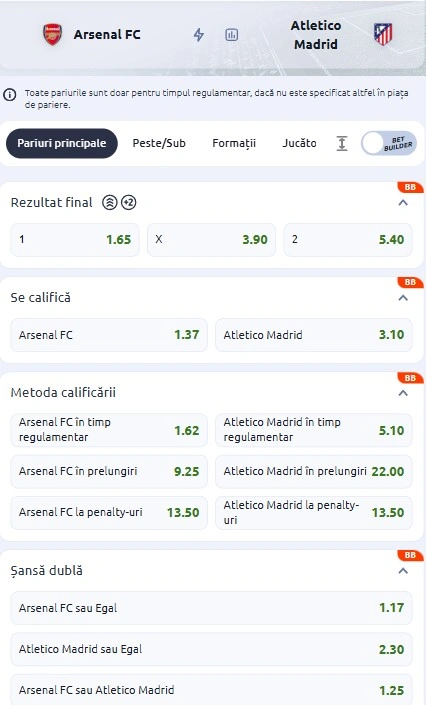 Cote pariuri Arsenal - Atletico Madrid la Betano
