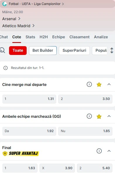 Cote pariuri Arsenal - Atletico Madrid de la Superbet