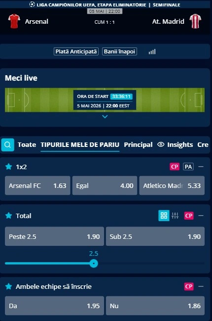 Cote pariuri Arsenal - Atletico Madrid oferite de Mr Bit