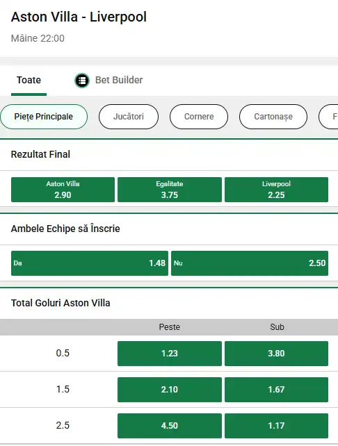 Cote pariuri Aston Villa vs Liverpool la Unibet