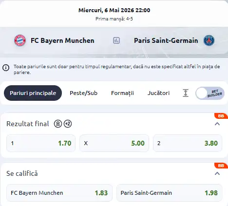 Cote pariuri Bayern vs PSG la Betano