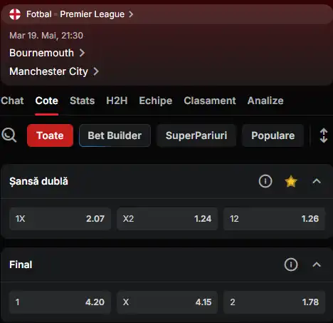 Cote pariuri Bournemouth vs Manchester City la Superbet