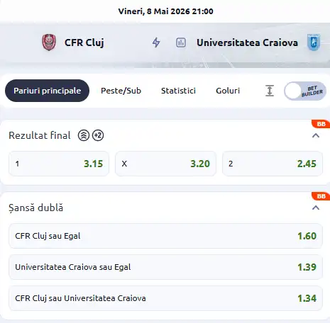 Cote pariuri CFR Cluj - Universitatea Craiova la Betano
