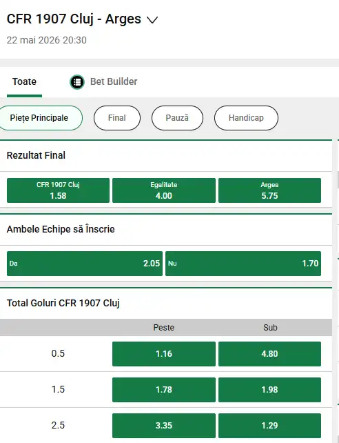 Cote pariuri CFR Cluj vs FC Argeș la Unibet