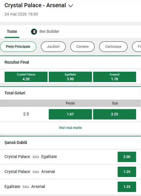 Cote pariuri Crystal Palace - Arsenal la Unibet