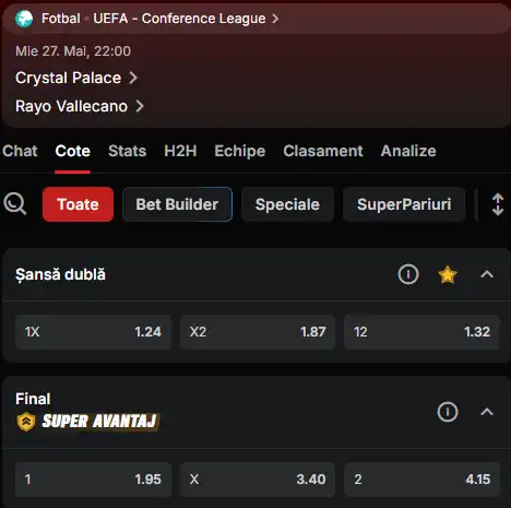 Cote pariuri Crystal Palace - Rayo la Superbet